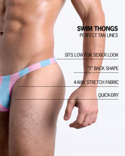 Infographic explaining the many features of the BANG! Clothes Swim Thongs. These Summer speedo fit men's swimsuit is perfect tanning, they sit low for sexier look, "T" back shape, 4-way stretch fabric, and are quick-dry.