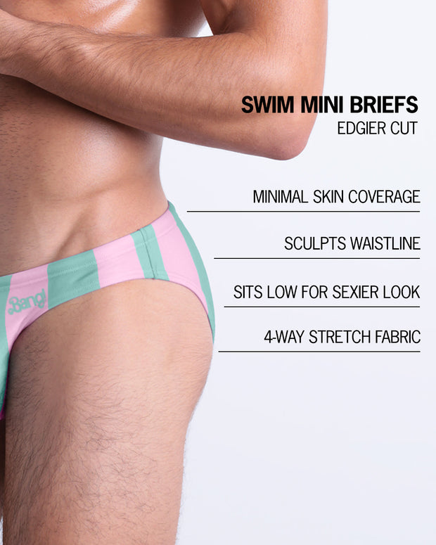 Infographic explaining the features of the THE KEN (MALIBU EDITION) Swim Mini Brief made by BANG! Clothes. These edgier cut mens swimsuit are minimal skin coverage, sculpts waistline, sits low for sexier look, and 4-way stretch fabric.