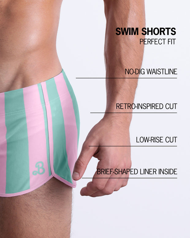 Infographics explaining how perfect the BANG! Clothes Swim Shorts in THE KEN (MALIBU EDITION) are. They have a no-dig waistline, retro-inspired cut, low-rise cut, and have a brief-shaped liner inside.