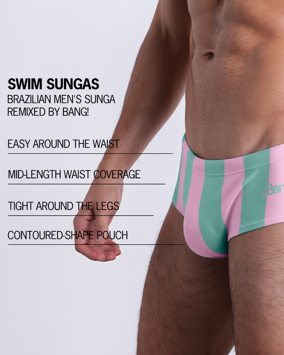 Infographic explaining the Swim Trunks swimming shorts by BANG! These Swim Trunks have a skin-hugging fit, have a wasitband drawstring, zippered mini pocket, square-cut silhouette and quick-dry fabric.