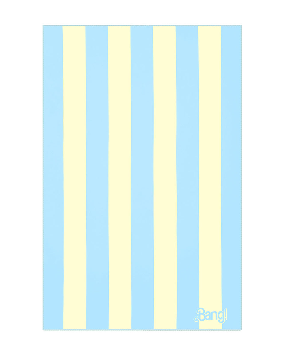 An image of The Ken (Miami Edition) hyper-absorbent microfiber beach towel. The soft towel features a striped design with pastel yellow and light-blue colors and the BANG! logo in the bottom right corner.
