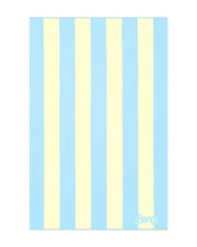 An image of The Ken (Miami Edition) hyper-absorbent microfiber beach towel. The soft towel features a striped design with pastel yellow and light-blue colors and the BANG! logo in the bottom right corner.