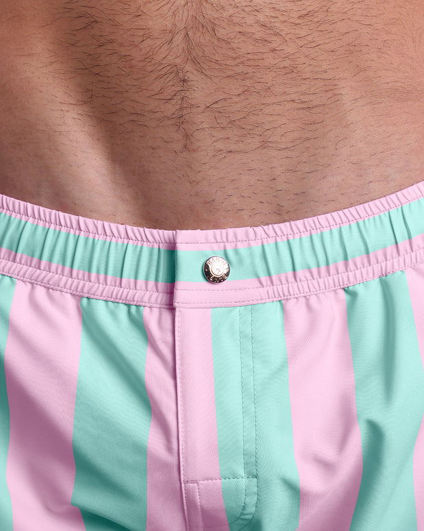 Close-up view of the THE KEN (MALIBU EDITION) men’s Mini shorts, showing custom branded metal button in gold by Bang!