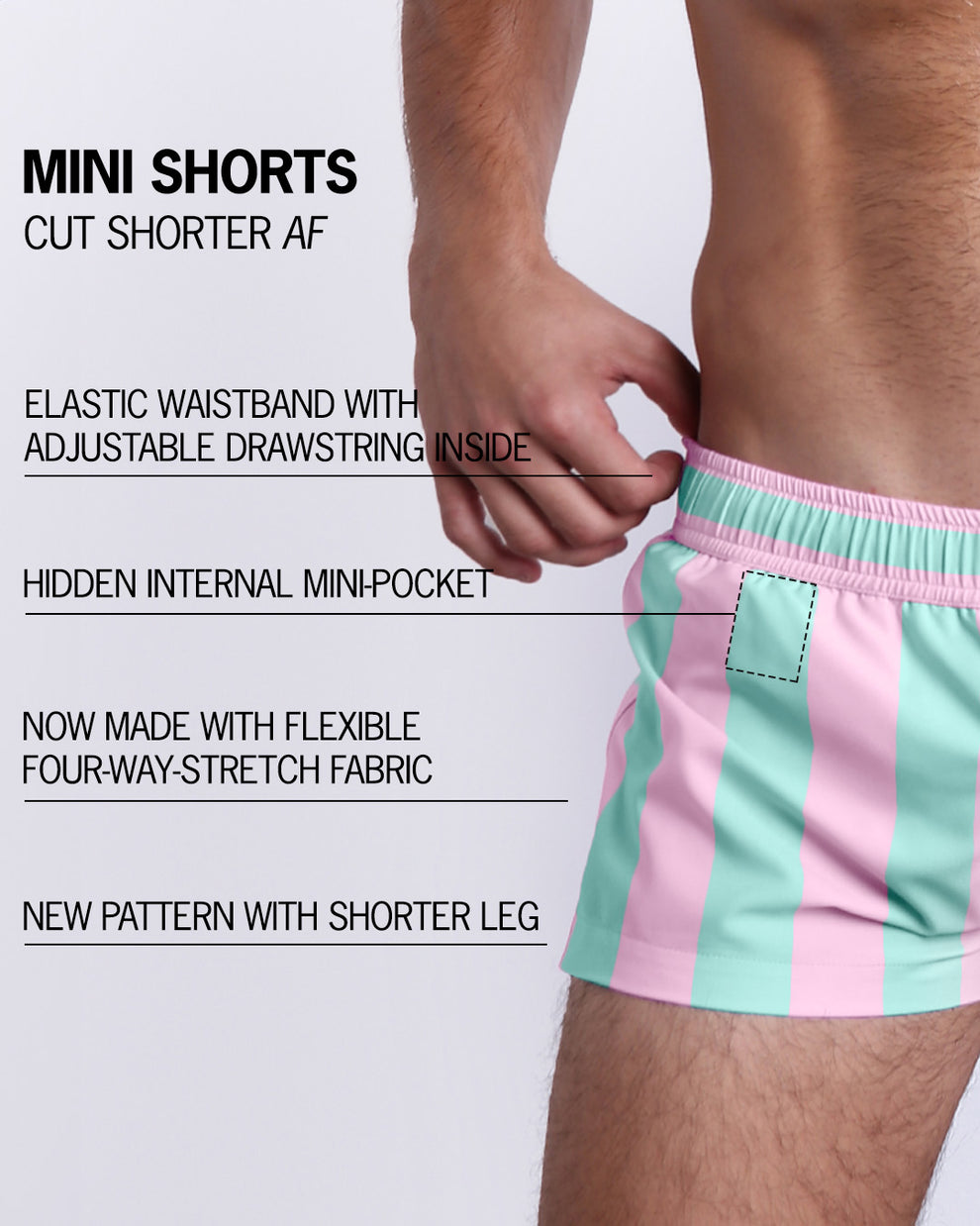 Infographic explaining the many features of Bang!'s Mini Shorts. These MINI SHORTS have elastic waistband with adjustable drawstring inside, hidden internal mini-pocket, 4-way stretch fabric, and are quad friendly with shorter leg length. 