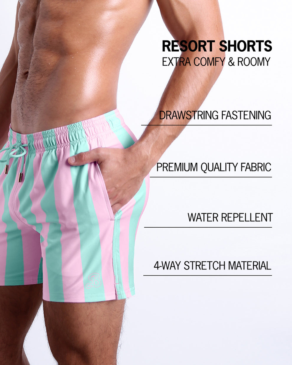 Infographic explaining how extra comfy and roomy Resort Shorts. They have drawstring fastening, quality fabric, quick-dry, water repellent, 4-way stretch material features of the resort shorts.