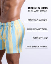 Infographic explaining how extra comfy and roomy Resort Shorts. They have drawstring fastening, quality fabric, quick-dry, water repellent, 4-way stretch material features of the resort shorts.