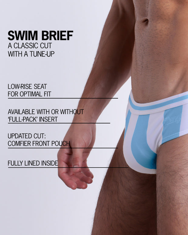 Infographic explaining the classic cut with a tune-up THE KEN (MYKONOS EDITION) Swim Brief by BANG! Clothes. These men swimsuit is low-rise seat for optimal fit, available with or without &