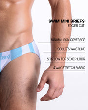 Infographic explaining the features of the THE KEN (MYKONOS EDITION) Swim Mini-Brief made by BANG! Clothes. These edgier cut mens swimsuit are minimal skin coverage, sculpts waistline, sits low for sexier look, and 4-way stretch fabric.
