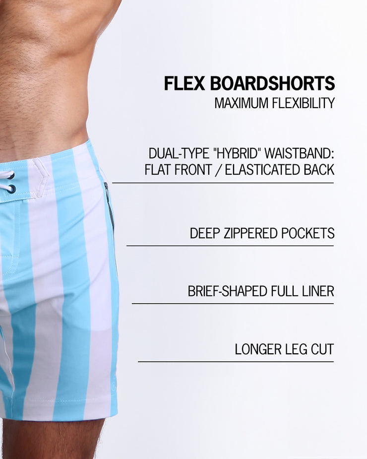 Infographic explaining all the features on the BANG! Clothes Flex Boardshorts. They have deep zippered pockets, brief-shaped full liner, longer leg cut, and a dual-type "hybrid" waistband.