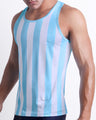 Side view of the THE KEN (MYKONOS EDITION) for men’s summer Tank Top. Featuring white and light blue colored stripes designed by BANG! Clothes in Miami.