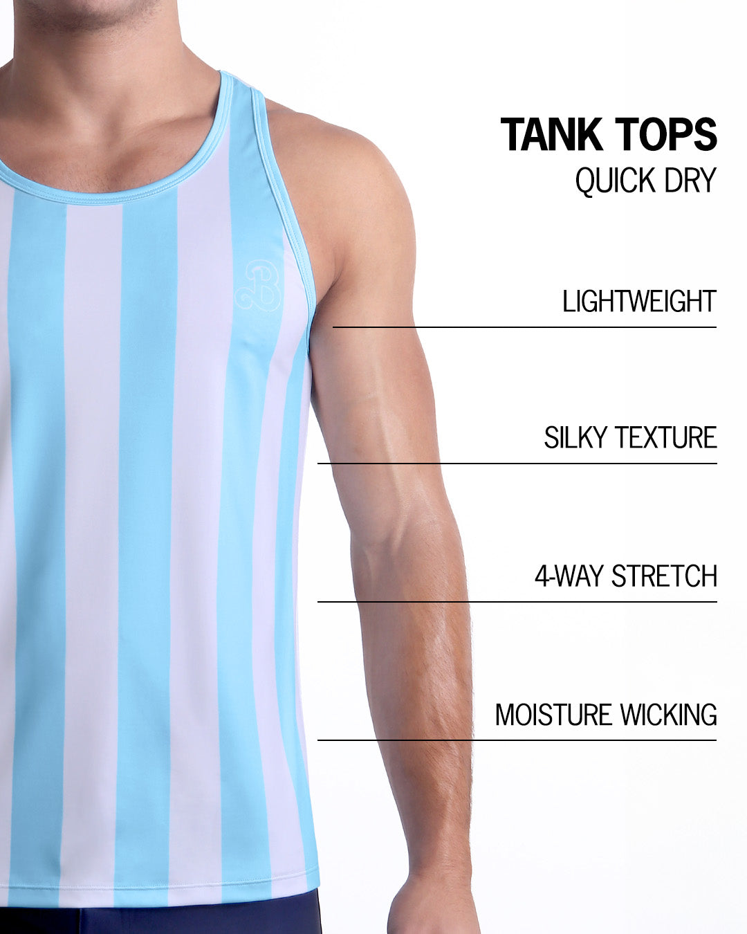 An infographic explaining the features of the lightweight, silky texture, 4-way stretch, and moisture-wicking material of the DC2 fitness tank top.