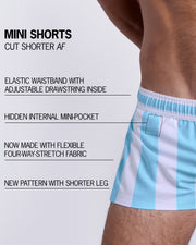 Infographic explaining the many features of Bang!'s Mini Shorts. These MINI SHORTS have elastic waistband with adjustable drawstring inside, hidden internal mini-pocket, 4-way stretch fabric, and are quad friendly with shorter leg length.