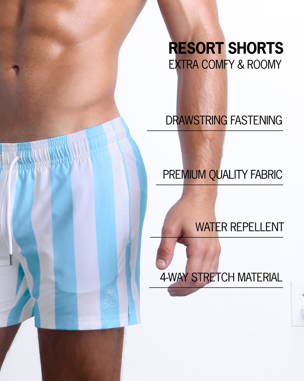 Infographic explaining how extra comfy and roomy Resort Shorts. They have drawstring fastening, quality fabric, quick-dry, water repellent, 4-way stretch material features of the resort shorts. 