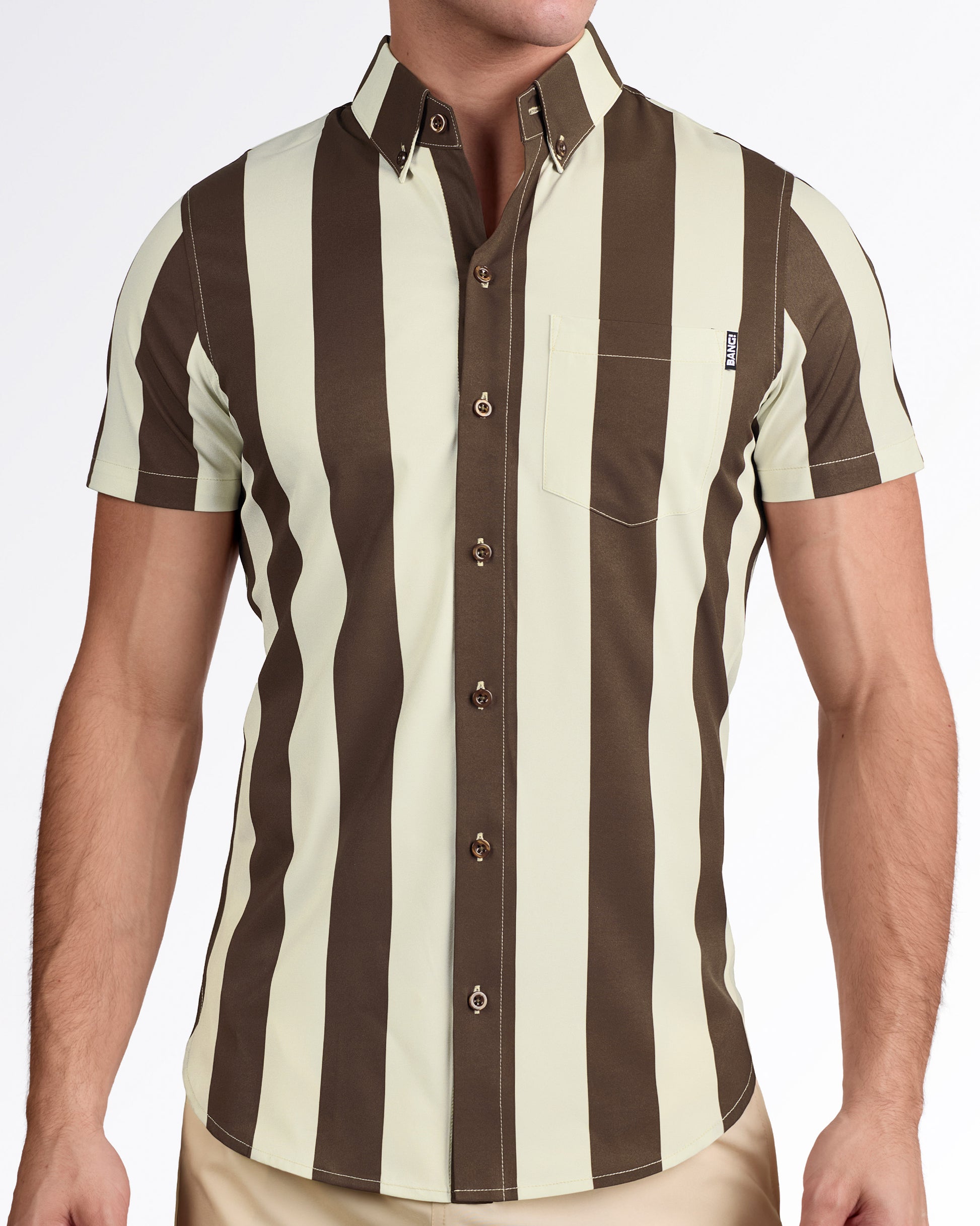BANG! The Ken (Sahara Edition) Stretch Shirt — front view of short sleeve button-up with vertical beige and brown stripes, structured collar, and chest pocket detail.
