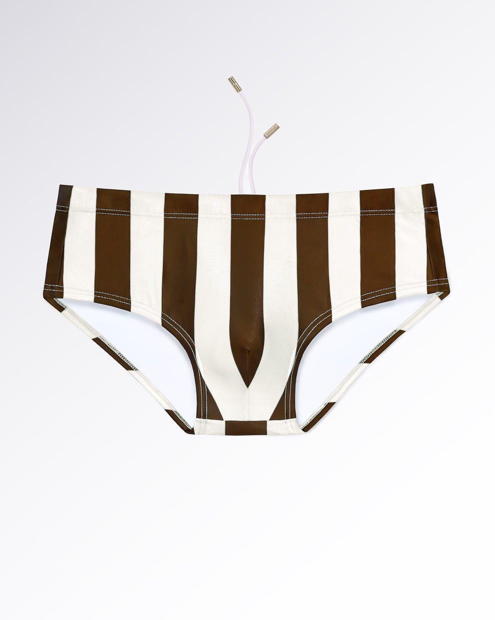 BANG! Miami The Ken (Sahara Edition) Swim Sunga — flat lay of cream and brown striped swim sunga with retro-inspired vertical stripe pattern and vintage resort aesthetic.