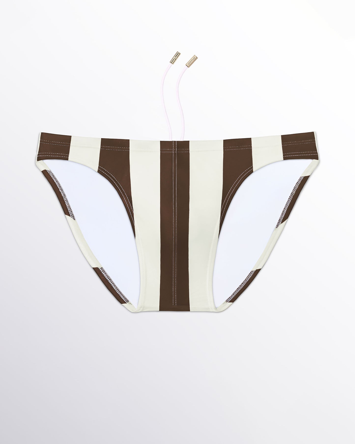 BANG! Miami The Ken (Sahara Edition) Swim Mini Brief — flat lay of cream and brown striped swim mini briefs with retro-inspired vertical stripe pattern and minimal side strap silhouette.