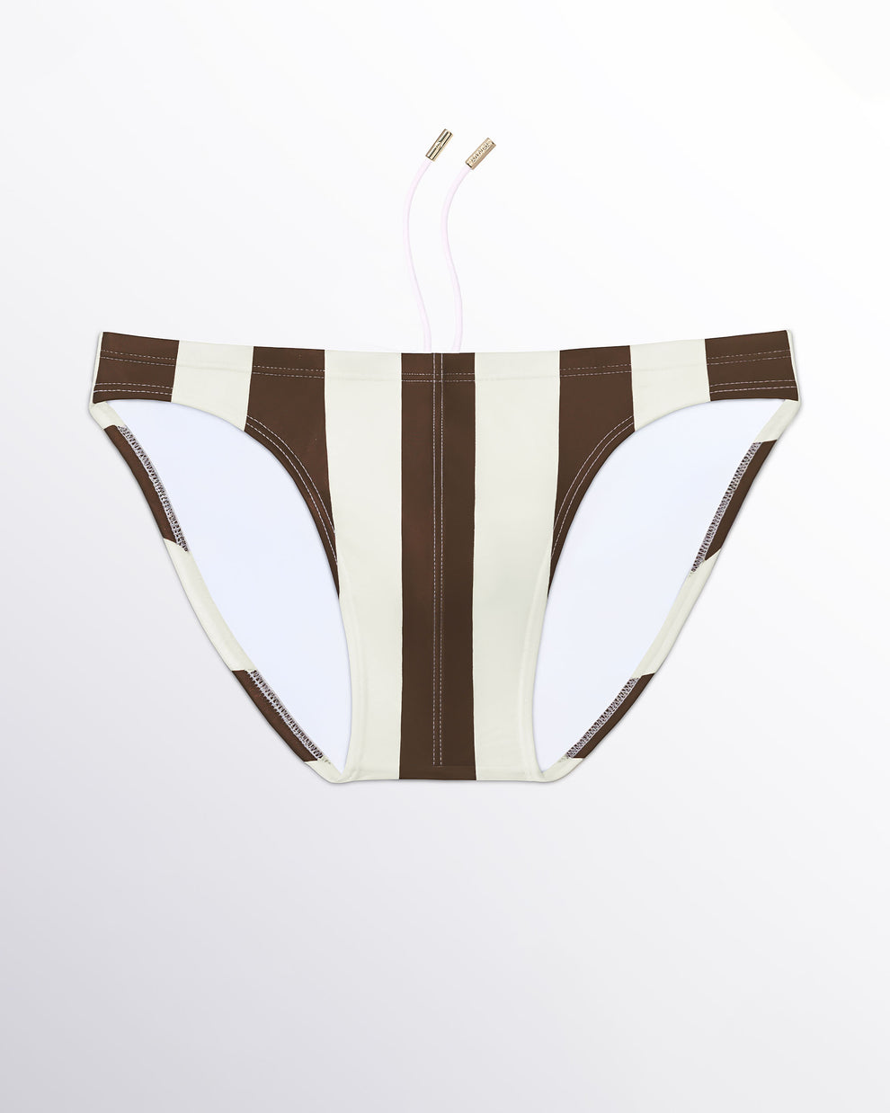 BANG! Miami The Ken (Sahara Edition) Swim Mini Brief — flat lay of cream and brown striped swim mini briefs with retro-inspired vertical stripe pattern and minimal side strap silhouette.
