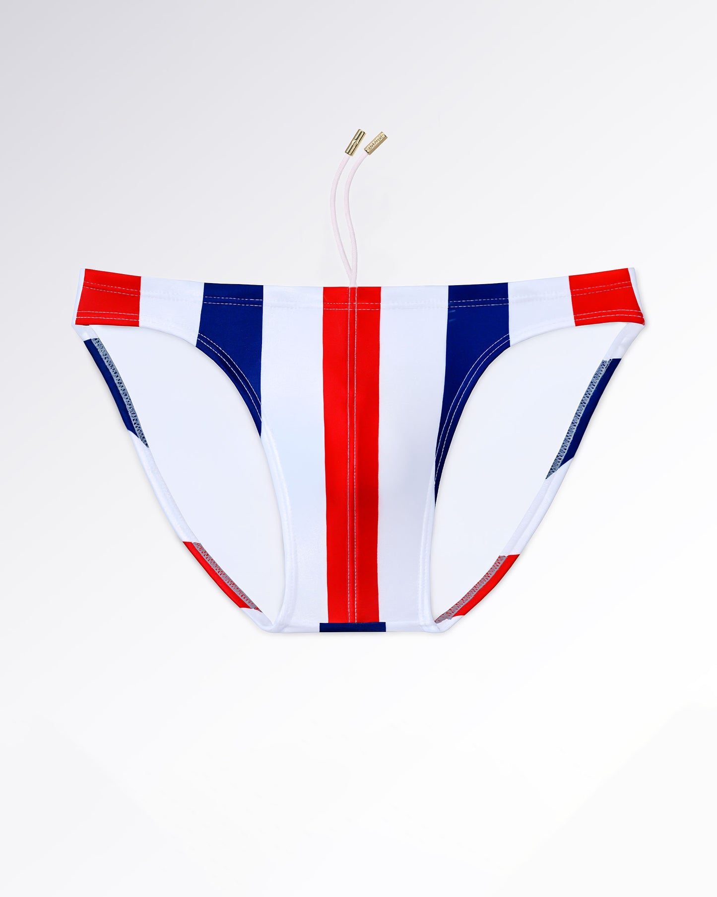 BANG! Miami The Ken (Saint-Tropez Edition) Swim Mini Brief — flat lay of white swim mini briefs with bold red and navy vertical stripe pattern and side strap silhouette.