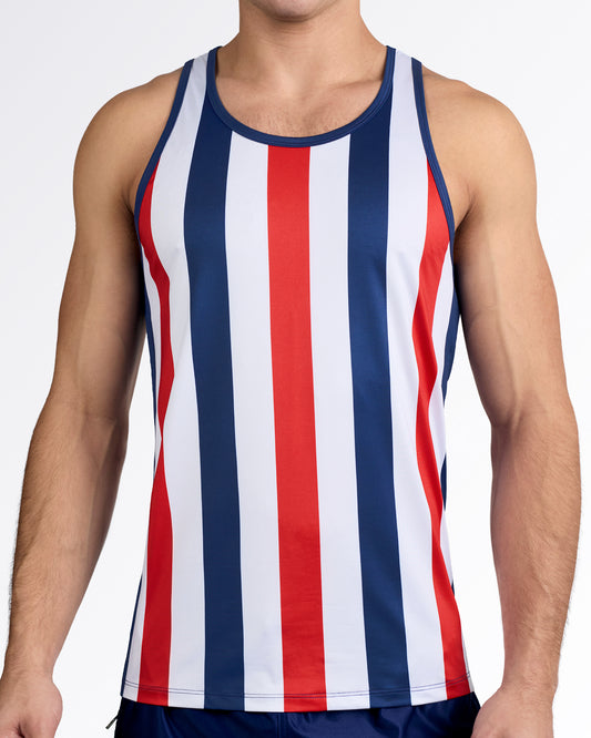 BANG The Ken (Saint-Tropez Edition) Gym Tank Top — model wearing red, white, and navy vertical stripe men’s tank with athletic cut and navy binding trim.
