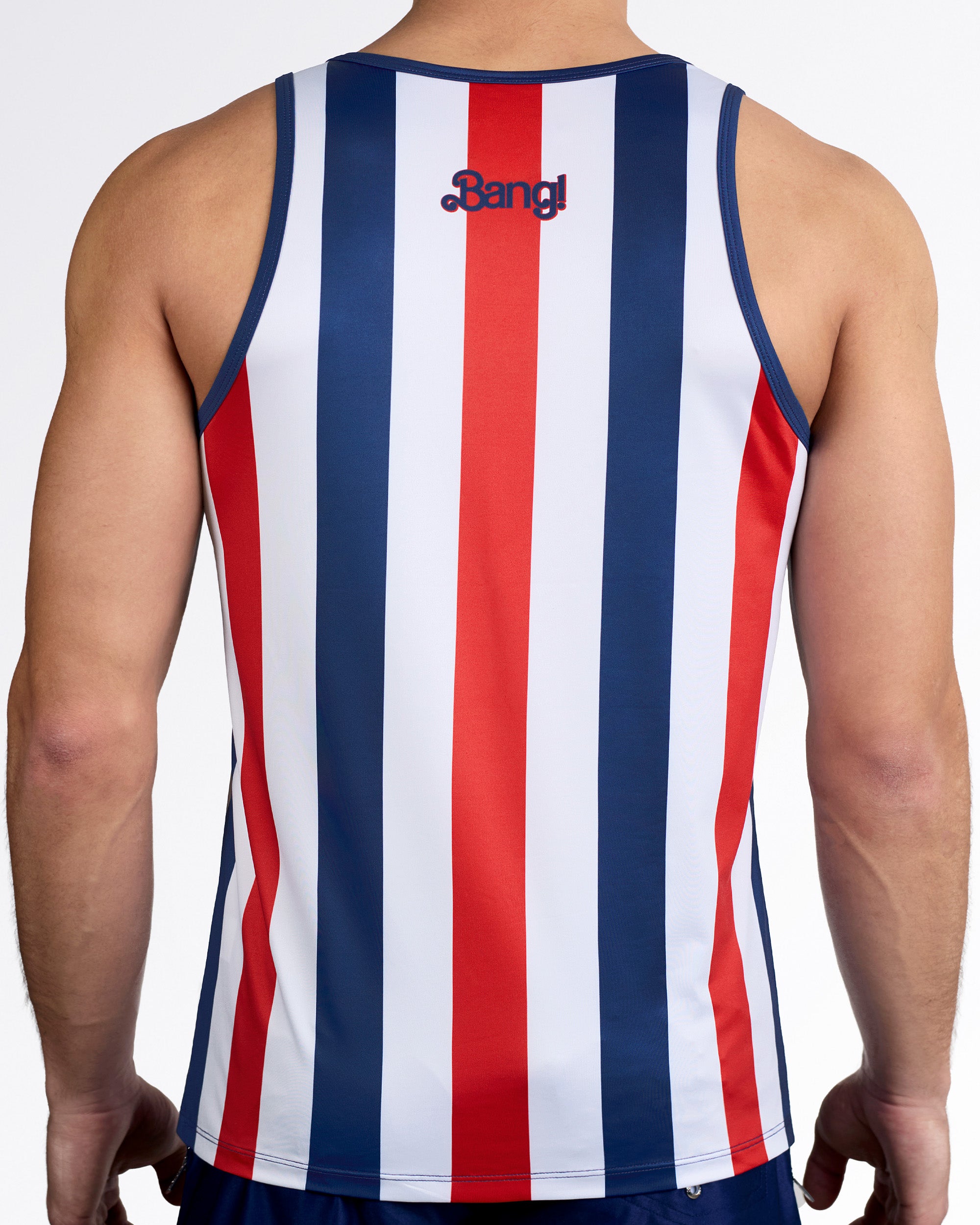BANG The Ken (Saint-Tropez Edition) Gym Tank Top — back view showcasing bold tricolor stripe pattern with centered Bang! logo detail.