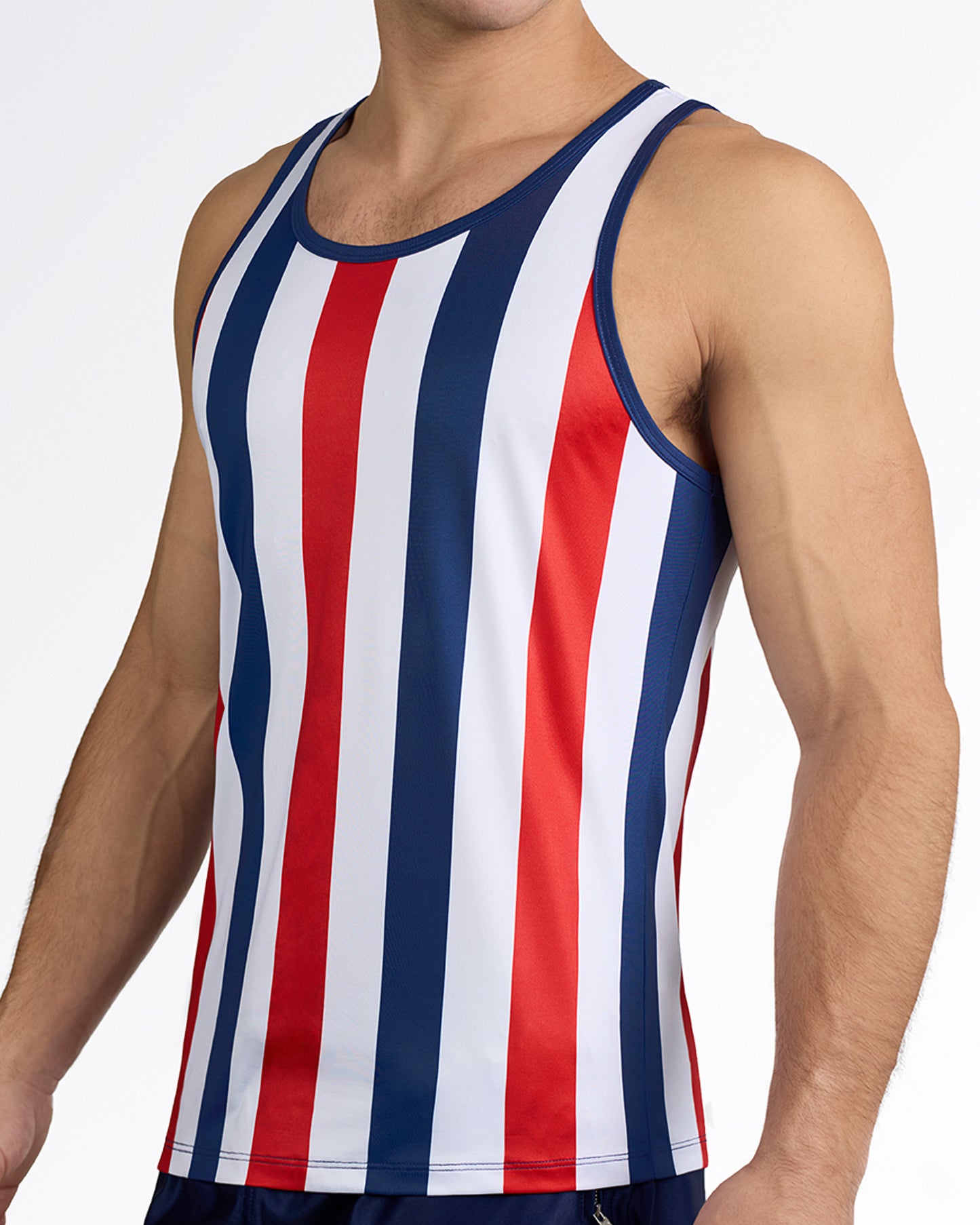 BANG The Ken (Saint-Tropez Edition) Gym Tank Top — angled side view highlighting tailored fit, smooth stretch performance fabric, and clean stripe alignment.
