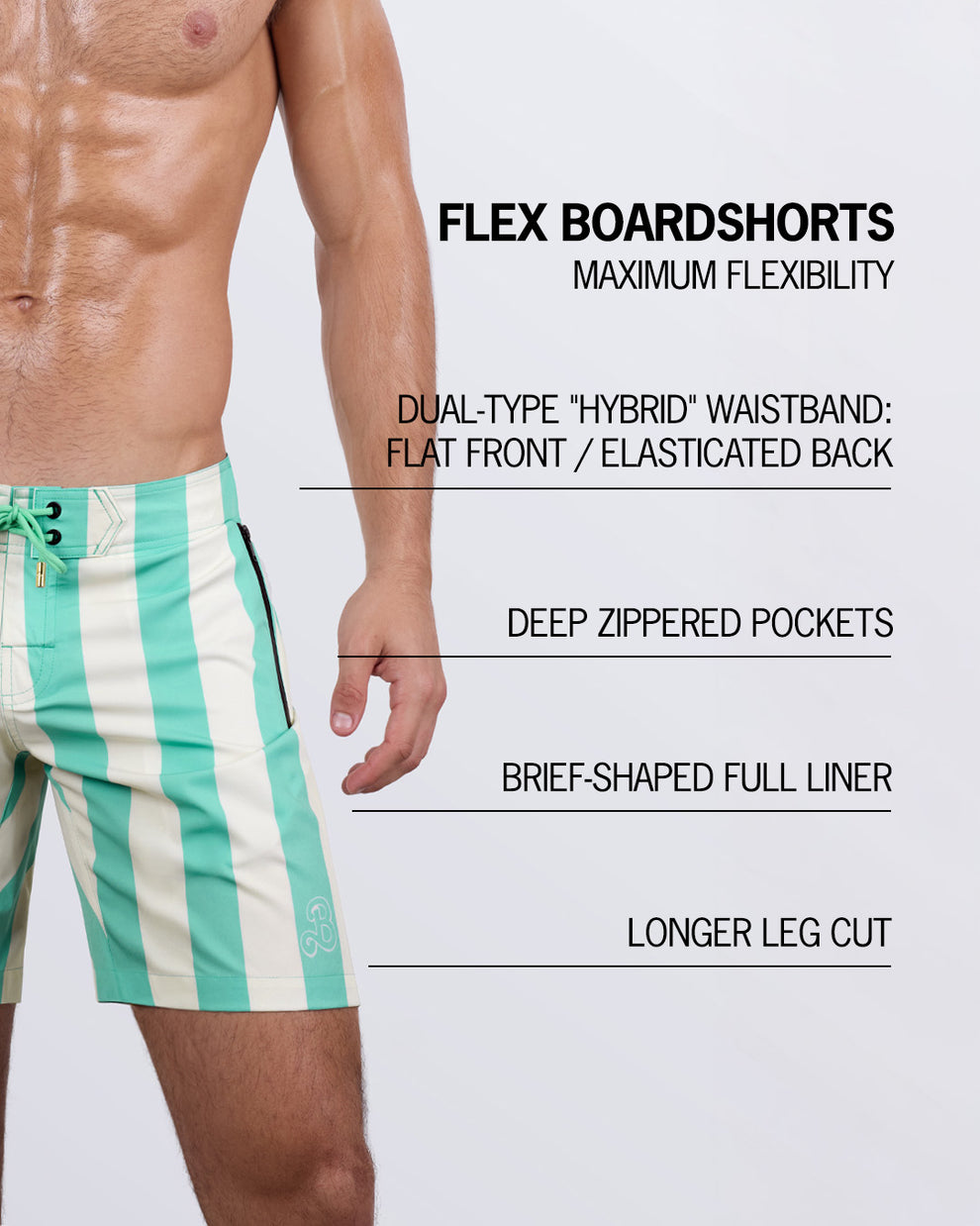 Close-up of the THE KEN (TULUM EDITION) - Flex Boardshorts highlighting key details: dual-type "hybrid" waistband with a flat front and elasticated back, deep zippered pockets for convenience, a brief-shaped full liner for enhanced support, and a longer leg cut for a comfortable and stylish fit.