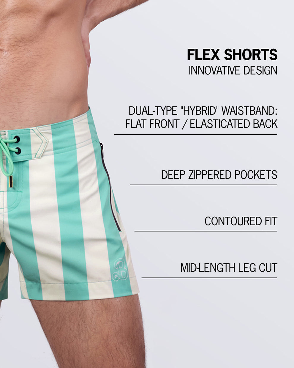 Detailed close-up of The Ken (Tulum Edition) Flex Shorts by BANG! Miami, highlighting key features: a dual-type hybrid waistband combining a structured flat front with an elasticized back, deep zippered pockets for secure storage, and a contoured fit with a mid-length leg cut for a sleek and confident beach look.
