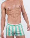 Frontal view of a male model wearing The Ken (Tulum Edition) - Mini Shorts by BANG! Miami. These premium beach shorts feature a bold green and cream vertical stripe pattern, an elasticated waistband with a gold-tone snap button, and a tailored fit for a sleek, confident beachwear look.