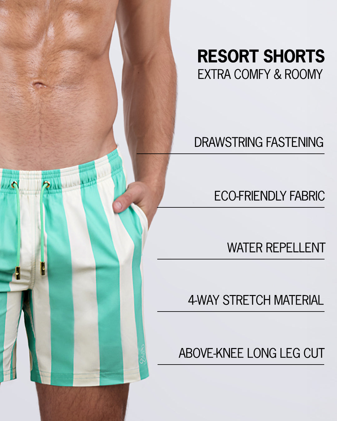 Close-up of THE KEN (TULUM EDITION) - Resort Shorts, emphasizing key features like a drawstring fastening, premium fabric, water-repellent technology, and a comfortable four-way stretch material.