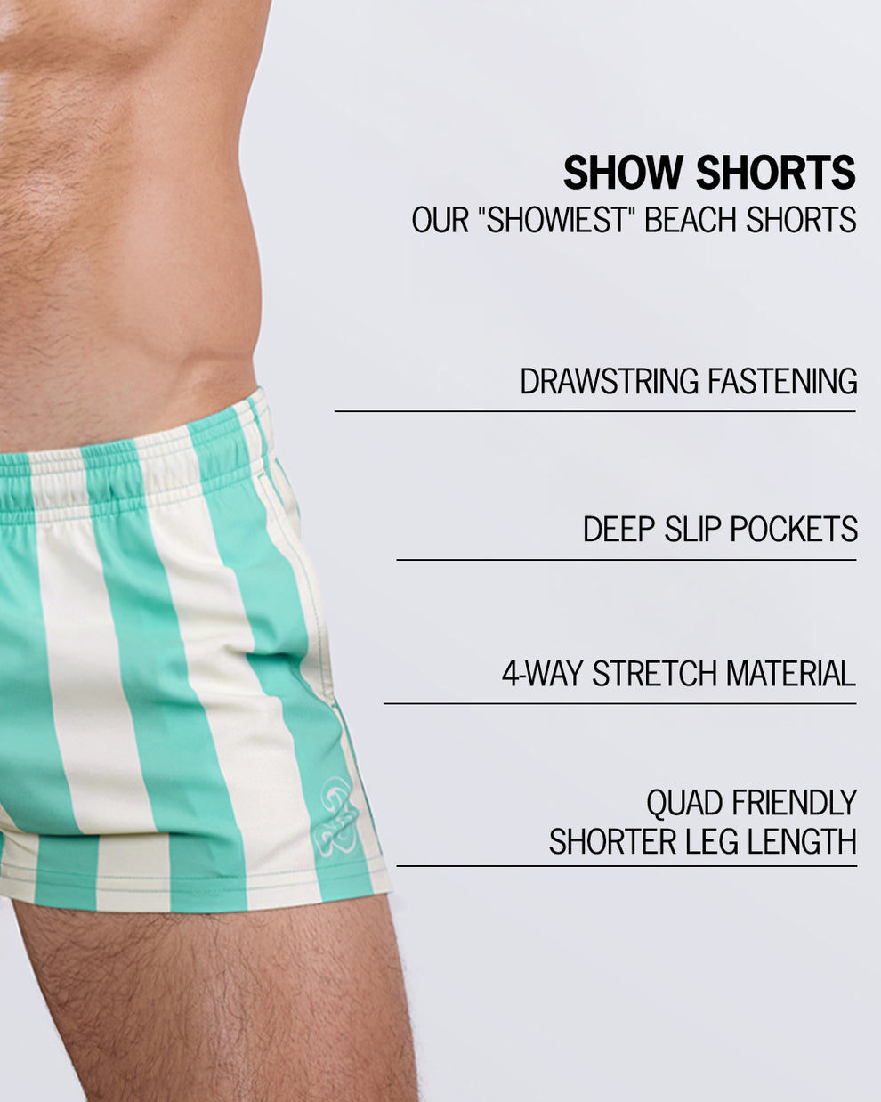 Detailed close-up of THE KEN (TULUM EDITION) Show Shorts by BANG! Miami, highlighting key features: elasticated drawstring waistband with metallic tips, deep slip pockets for storage, ultra-soft four-way stretch material, and a shorter leg cut for a modern, quad-friendly fit.