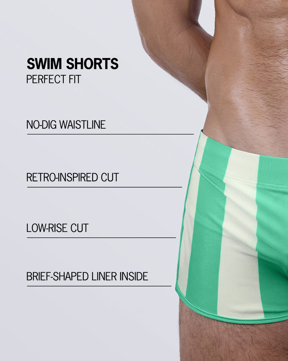 Feature breakdown of THE KEN (TULUM EDITION) Swim Shorts – retro swim cut with brief-shaped liner, no-dig waistband, and a perfect-fit structure that flatters the body.