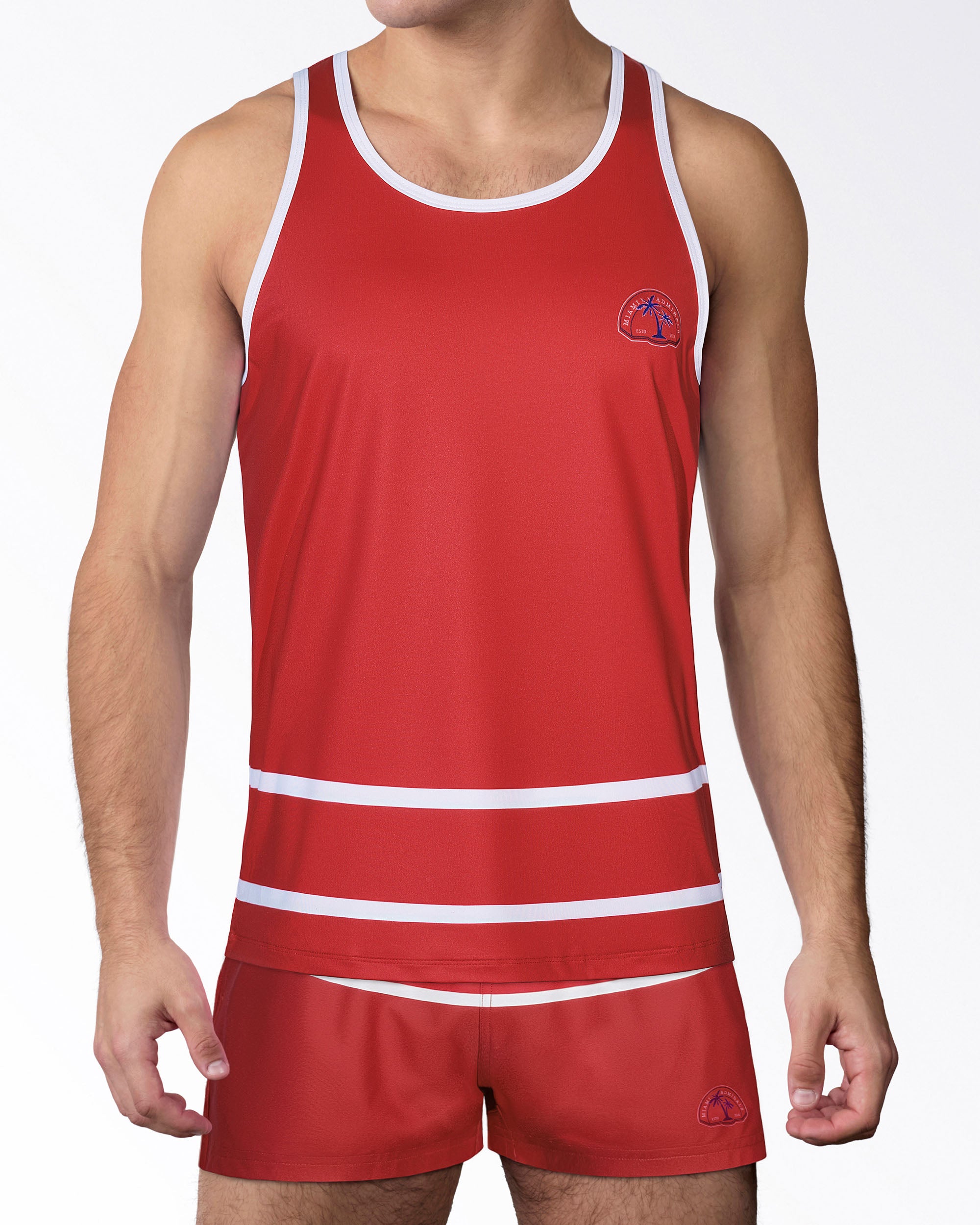 BANG Miami Scott Gym Tank Top from the Heated Rivalry series featuring a red colorway, hockey-inspired stripe detailing, and athletic performance styling.