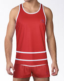 BANG Miami Scott Gym Tank Top from the Heated Rivalry series featuring a red colorway, hockey-inspired stripe detailing, and athletic performance styling.