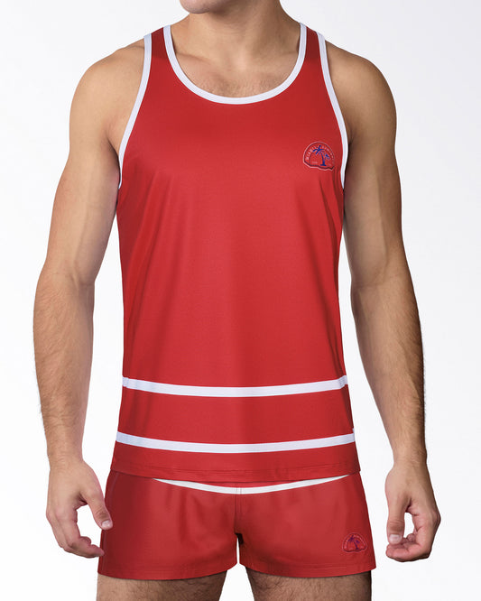BANG Miami Scott Gym Tank Top from the Heated Rivalry series featuring a red colorway, hockey-inspired stripe detailing, and athletic performance styling.
