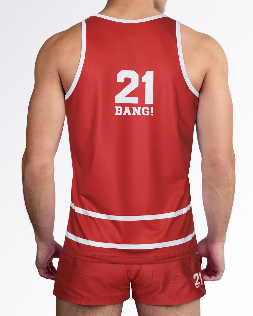 Men's red performance tank top inspired by classic hockey uniforms, featuring white stripe accents, contrast trim, and player number graphic on the back.