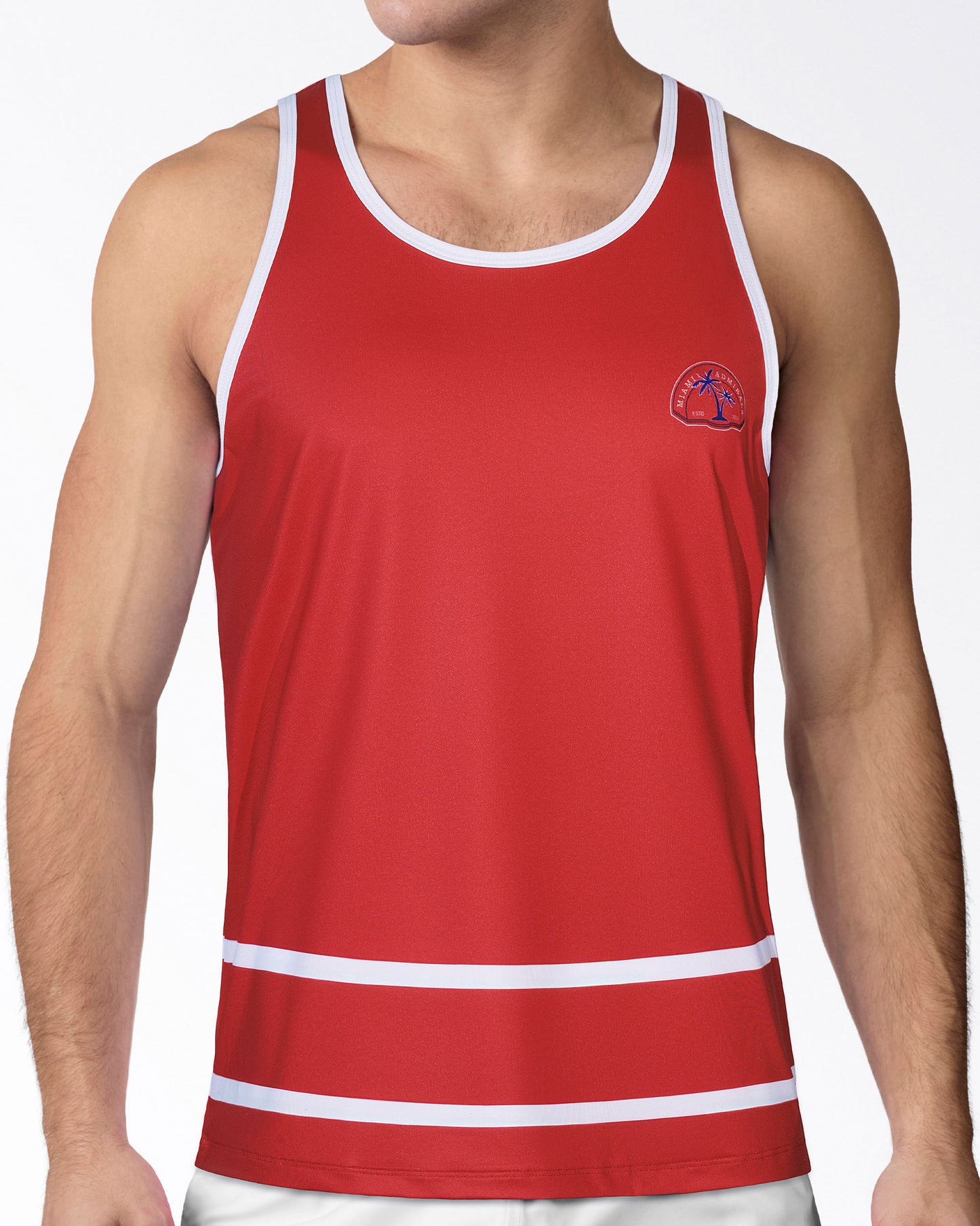 BANG Miami Scott Gym Tank Top showcasing a lightweight athletic design, red hockey-inspired colorway, and moisture-wicking performance fabric.