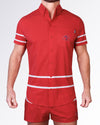 BANG Miami Scott Stretch Shirt from the Heated Rivalry series featuring a red colorway, hockey-inspired stripe detailing, and performance stretch fabric.