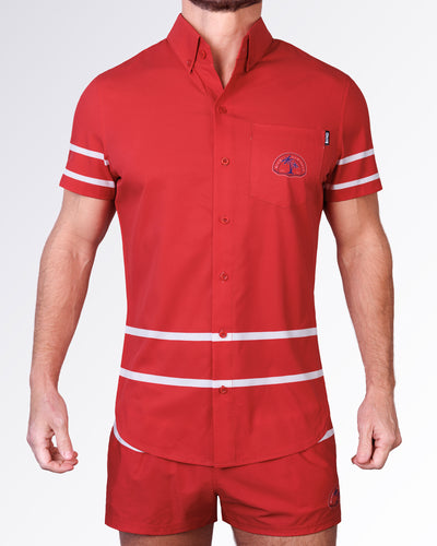 BANG Miami Scott Stretch Shirt from the Heated Rivalry series featuring a red colorway, hockey-inspired stripe detailing, and performance stretch fabric.