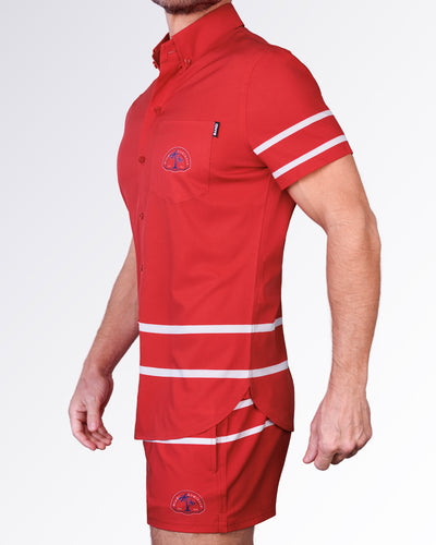 Side view of the Scott Stretch Shirt showcasing athletic stripe accents, tailored short-sleeve silhouette, and lightweight stretch construction.