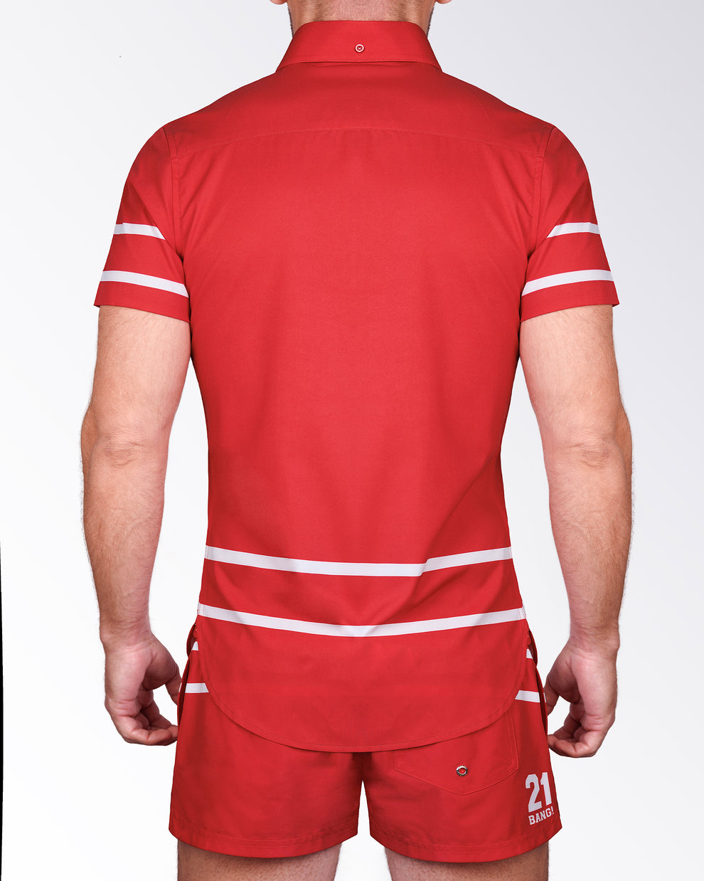 Back view of the Scott Stretch Shirt featuring hockey-inspired stripe detailing, a streamlined fit, and sporty heritage styling.