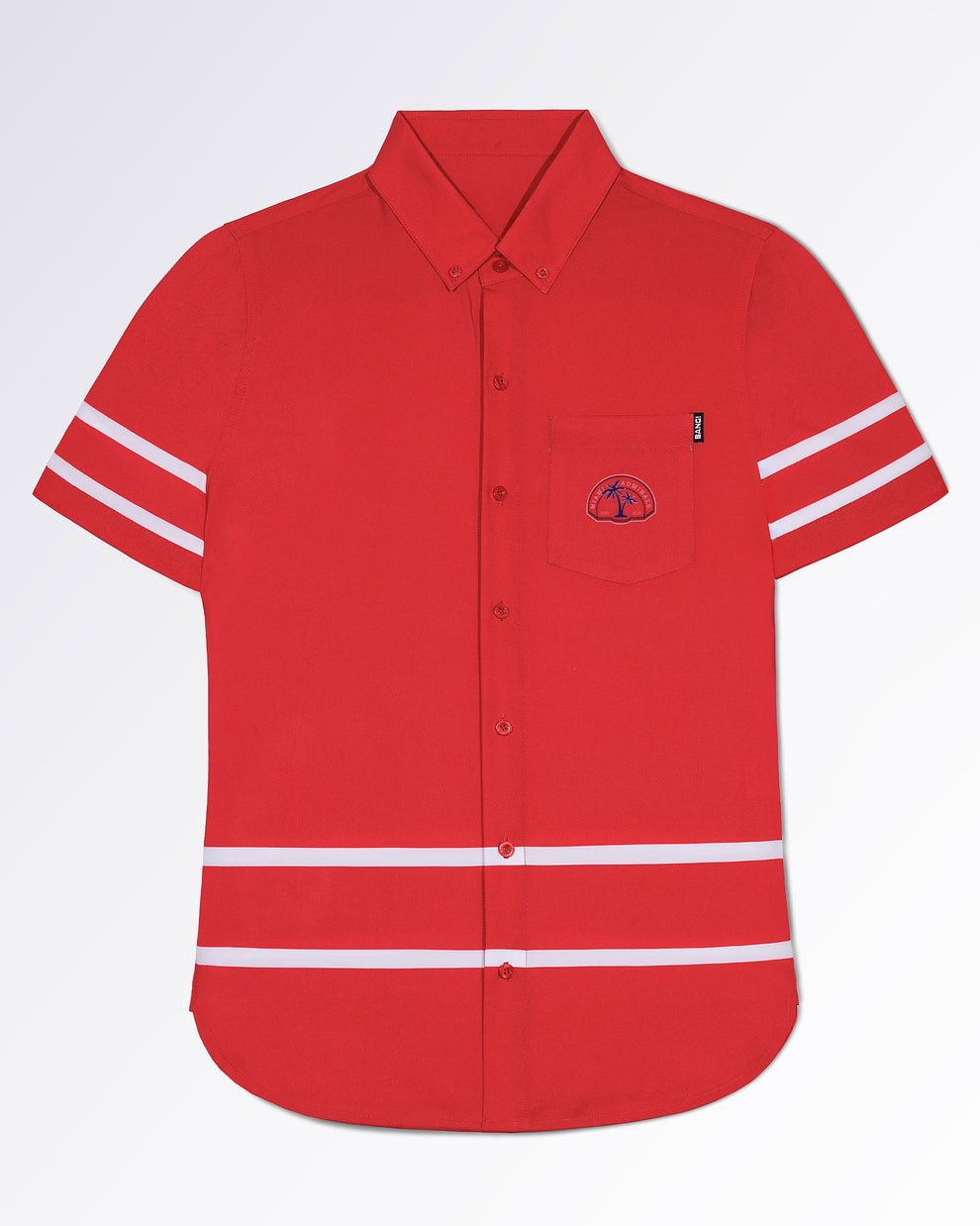 The Scott Stretch Shirt in red featuring white stripe accents on the sleeves and hem, a button-down collar, chest pocket with embroidered patch, and four-way stretch fabric for elevated resort style.