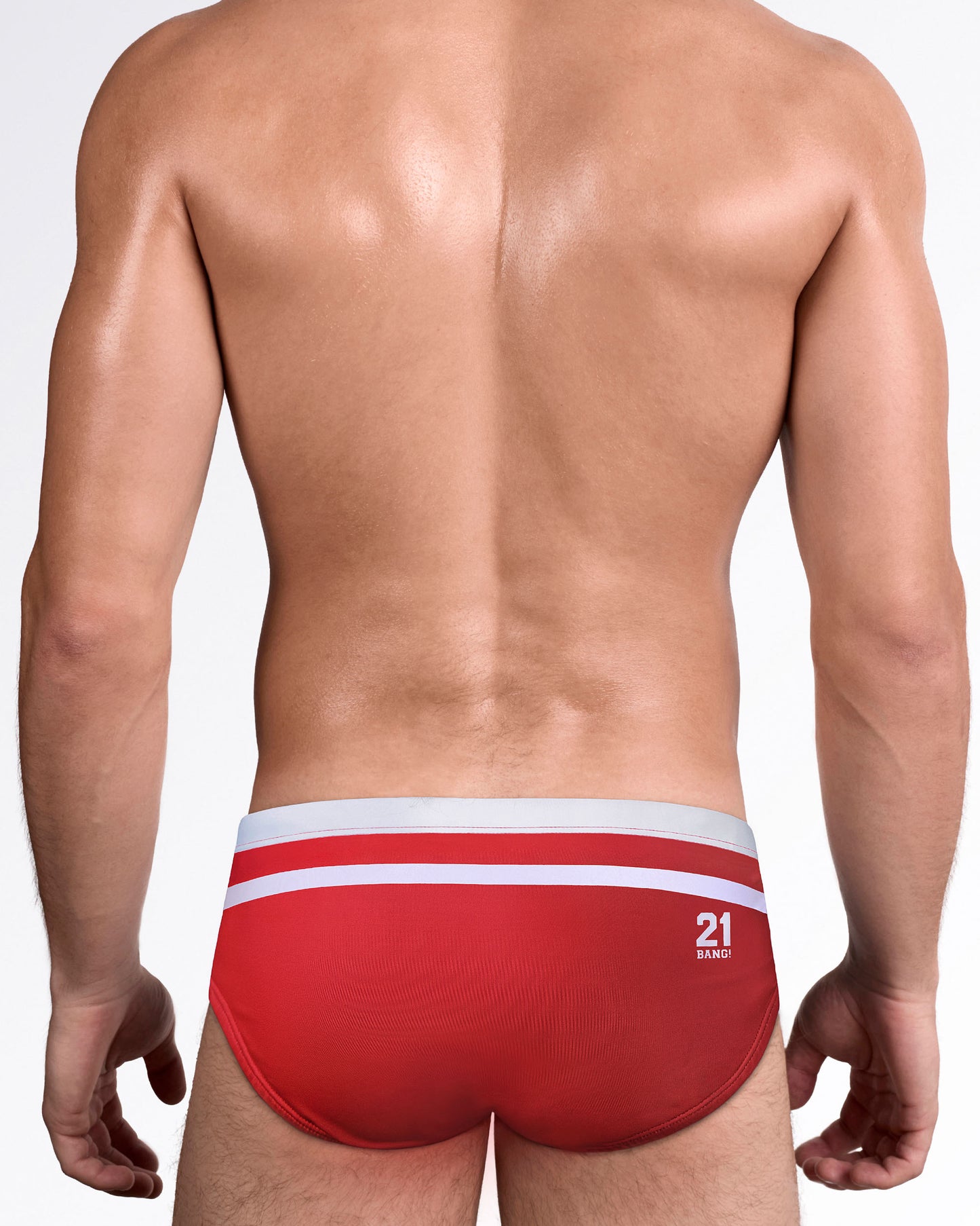 BANG Heated Rivalry Scott Swim Sunga — back view showcasing the red design, contrast athletic waistband stripes, and hockey-inspired team detailing.