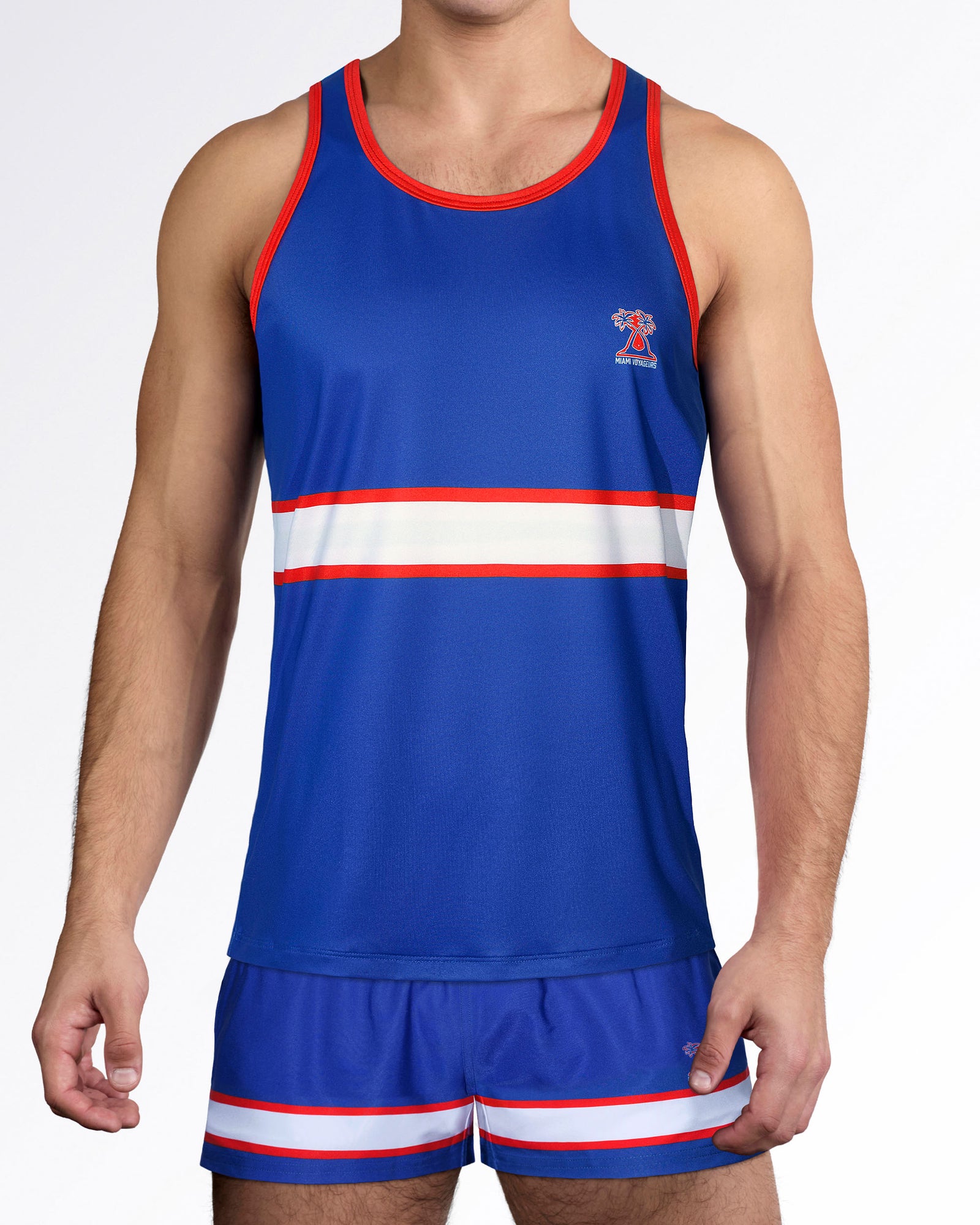 BANG Miami Shane Gym Tank Top from the Heated Rivalry series featuring a royal blue colorway, hockey-inspired stripe detailing, and athletic performance styling.