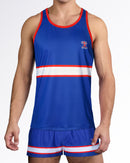 BANG Miami Shane Gym Tank Top from the Heated Rivalry series featuring a royal blue colorway, hockey-inspired stripe detailing, and athletic performance styling.