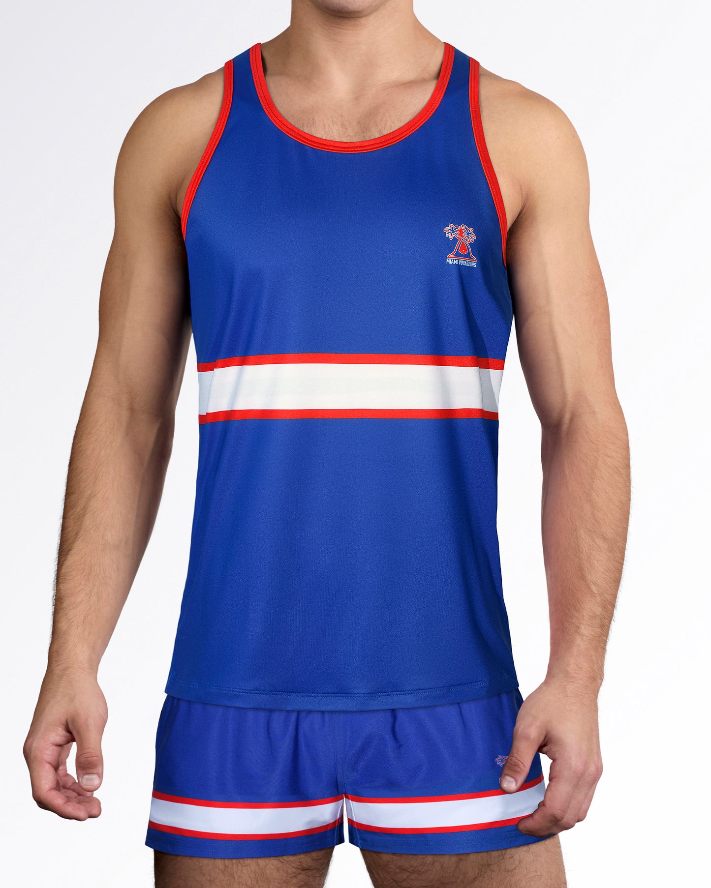 BANG Miami Shane Gym Tank Top from the Heated Rivalry series featuring a royal blue colorway, hockey-inspired stripe detailing, and athletic performance styling.