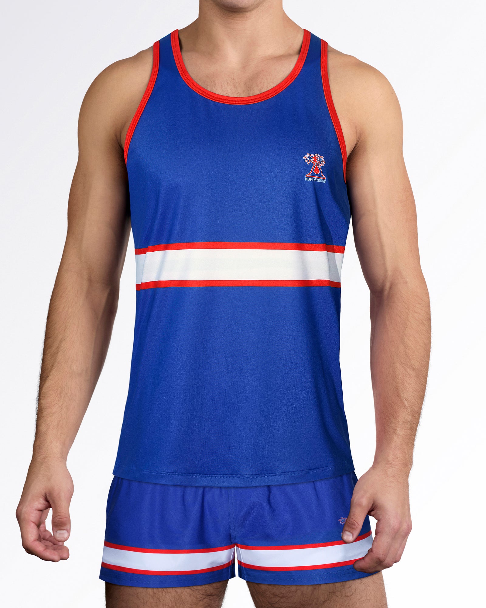 BANG Miami Shane Gym Tank Top from the Heated Rivalry series featuring a royal blue colorway, hockey-inspired stripe detailing, and athletic performance styling.