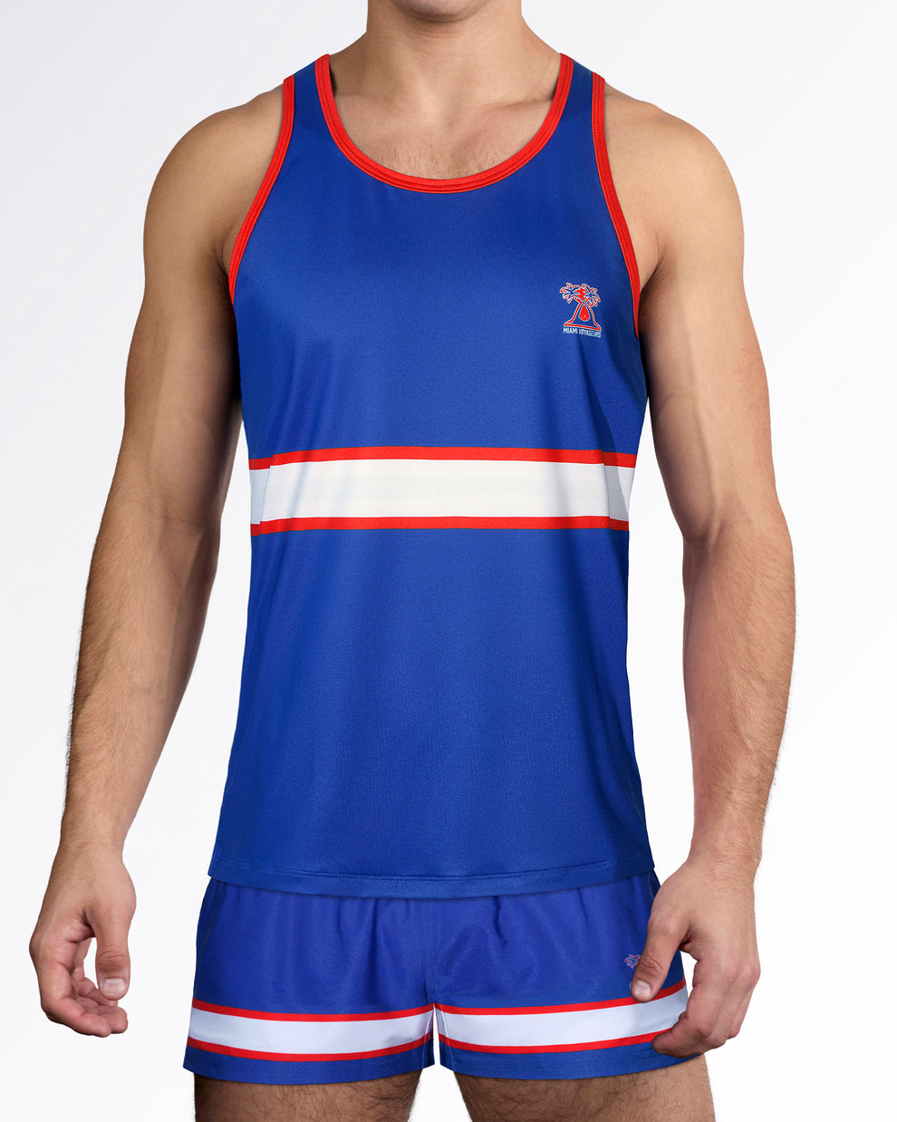 BANG Miami Shane Gym Tank Top from the Heated Rivalry series featuring a royal blue colorway, hockey-inspired stripe detailing, and athletic performance styling.