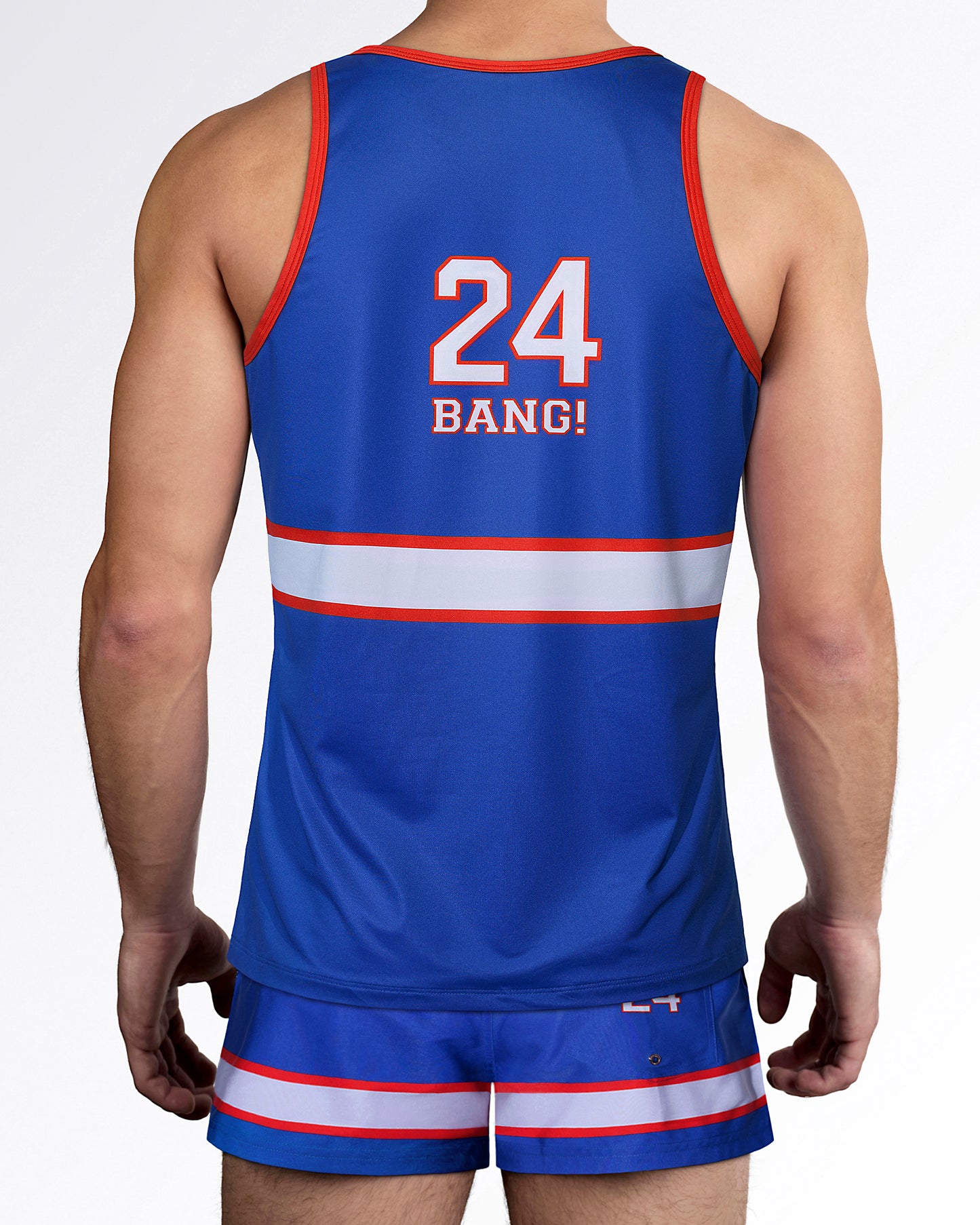 Men's blue performance tank top inspired by classic hockey uniforms, featuring white and red stripe accents, contrast trim, and player number graphic on the back.