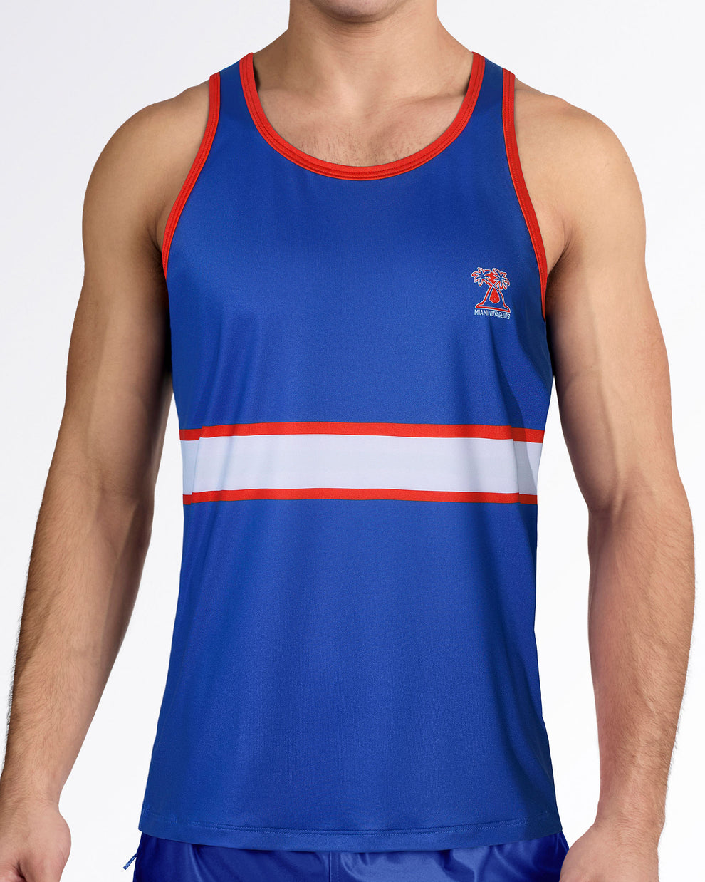 BANG Miami Shane Gym Tank Top showcasing a lightweight athletic design, royal blue hockey-inspired colorway, and moisture-wicking performance fabric.