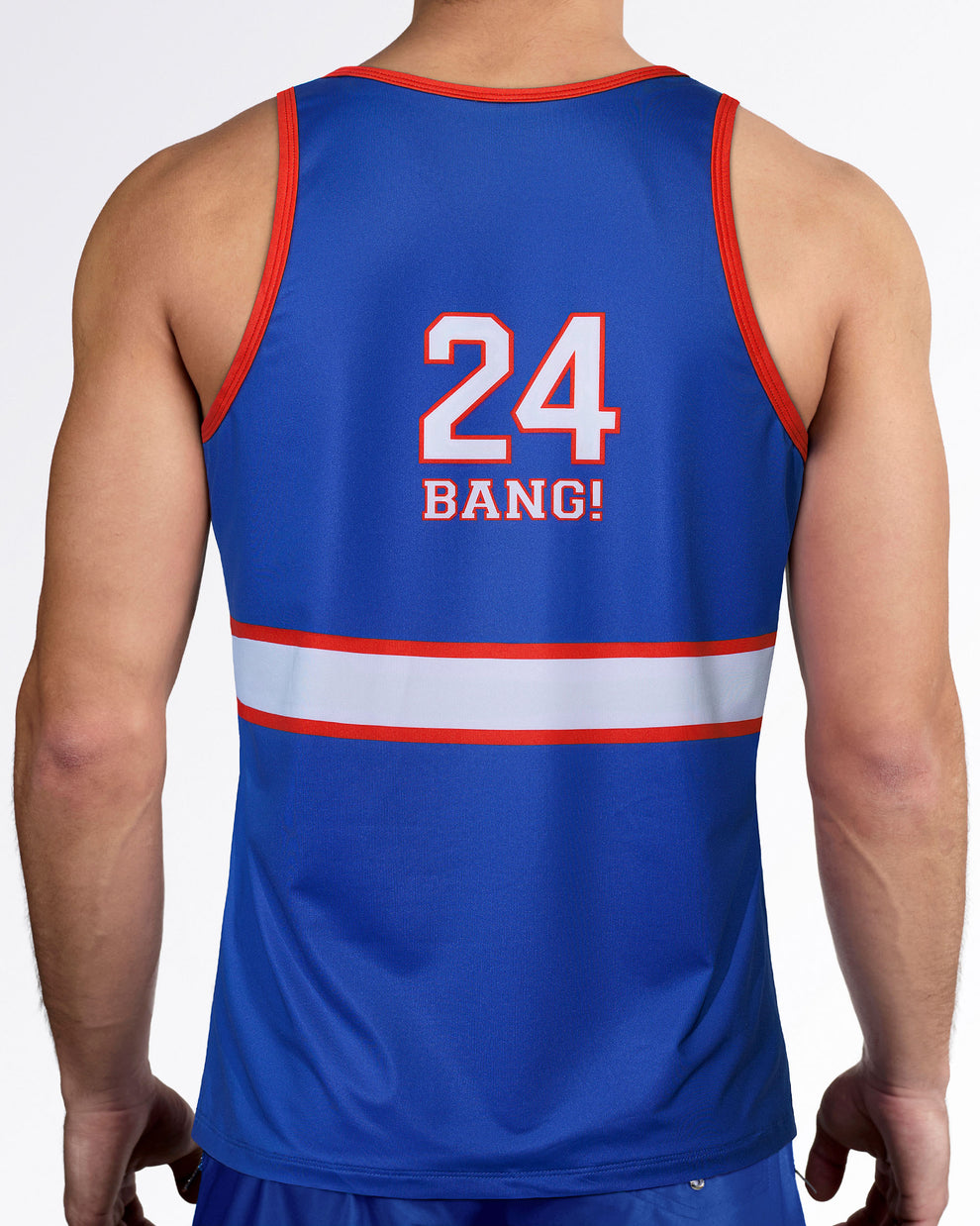 Back view of the Shane Gym Tank Top featuring a bold player number graphic, hockey-inspired stripe detailing, and sporty athletic styling.